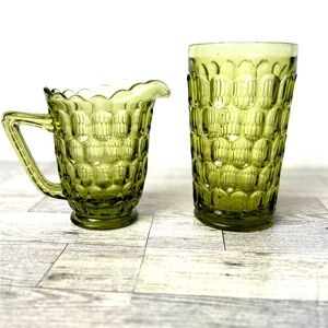 Vintage Fenton Colonial Green Thumbprint Creamer and glass